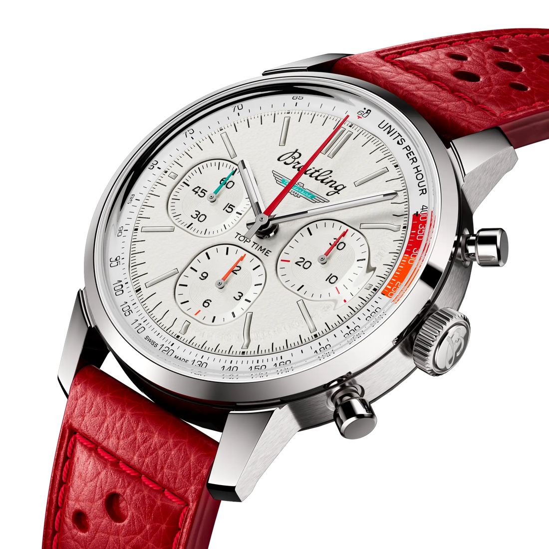 Breitling Top Time B01 Ford Thunderbird reference AB01766A1A1X1 with White dial, Stainless steel case, calfskin strap, three-quarter view