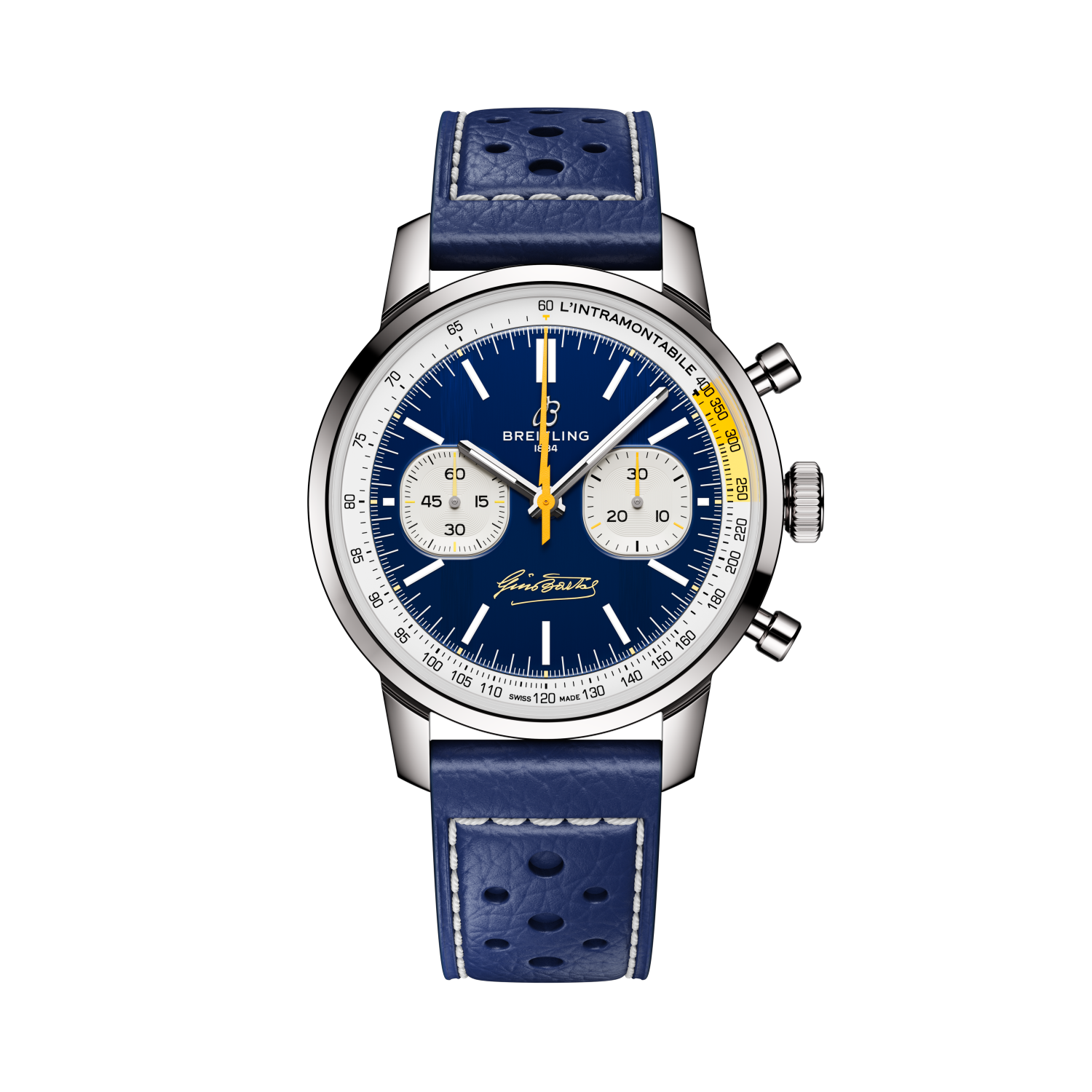 Breitling Top Time B01 Gino Bartali reference AB01767A1C1X1 with Blue dial, Stainless steel case, calfskin strap, front view