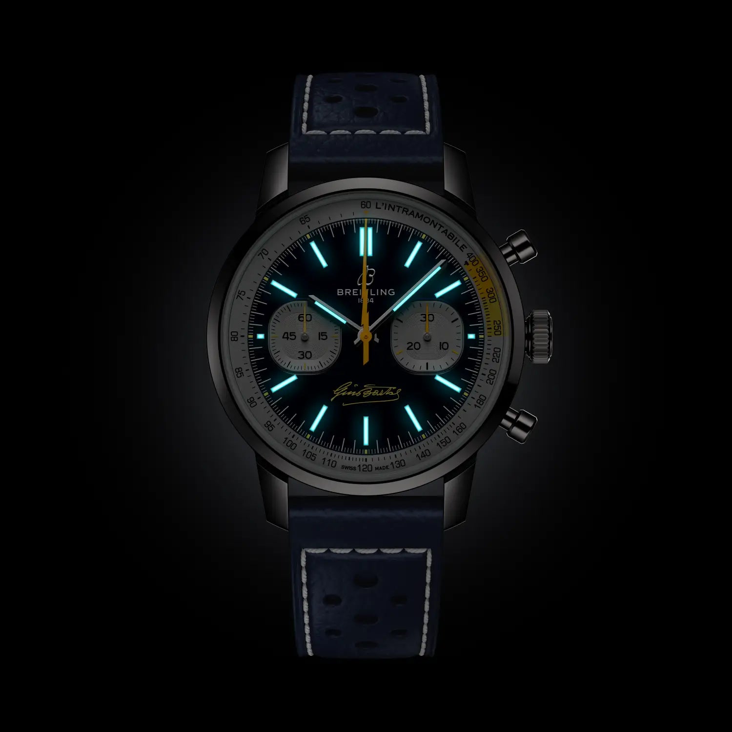 Breitling Top Time B01 Gino Bartali reference AB01767A1C1X1 with Blue dial, Stainless steel case, calfskin strap, illuminated dial view