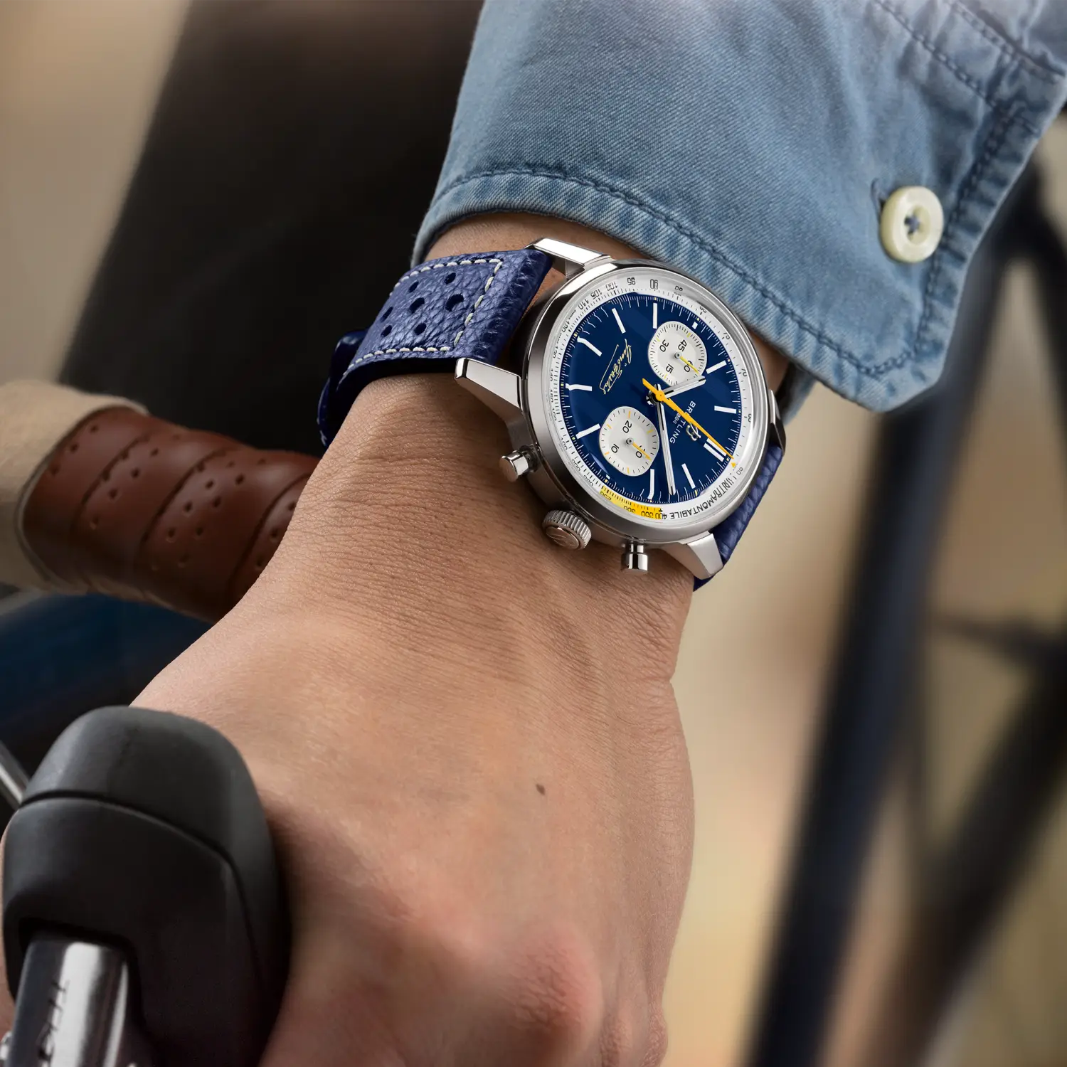 Breitling Top Time B01 Gino Bartali reference AB01767A1C1X1 with Blue dial, Stainless steel case, calfskin strap, on-wrist view