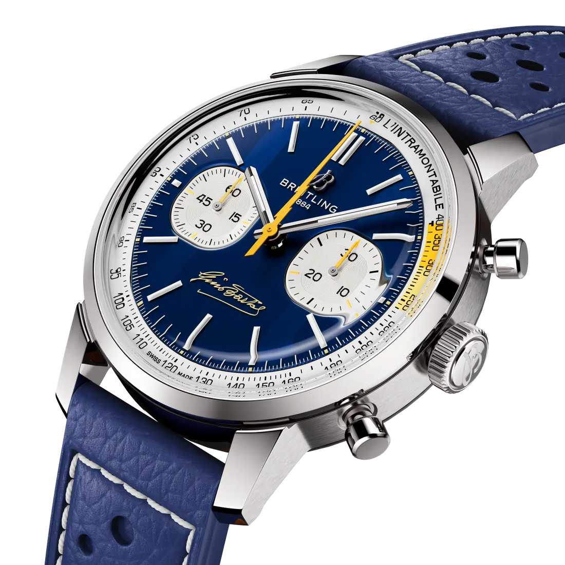 Breitling Top Time B01 Gino Bartali reference AB01767A1C1X1 with Blue dial, Stainless steel case, calfskin strap, three-quarter view