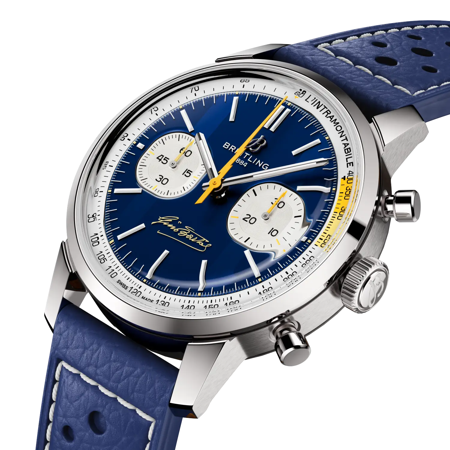 Breitling Top Time B01 Gino Bartali reference AB01767A1C1X1 with Blue dial, Stainless steel case, calfskin strap, three-quarter view