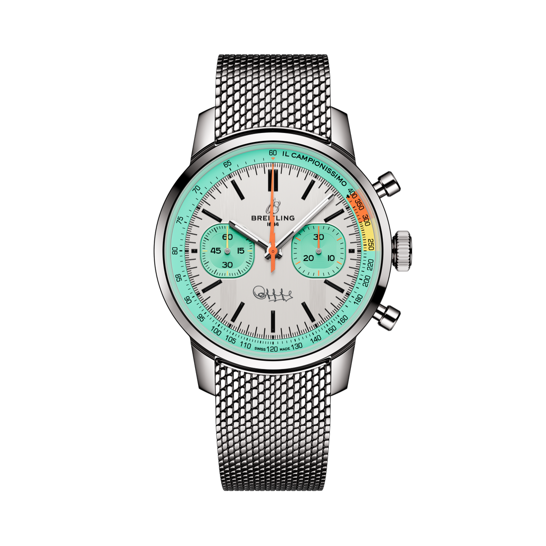 Breitling Top Time B01 Fausto Coppi reference AB01768A1A1A1 with White dial, Stainless steel case, bracelet, front view