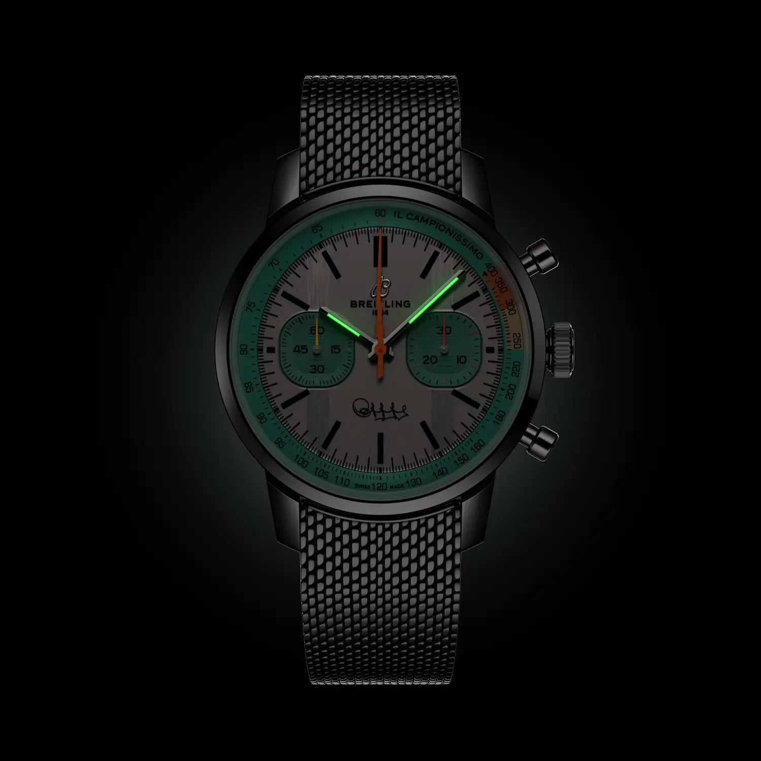 Breitling Top Time B01 Fausto Coppi reference AB01768A1A1A1 with White dial, Stainless steel case, bracelet, illuminated dial view