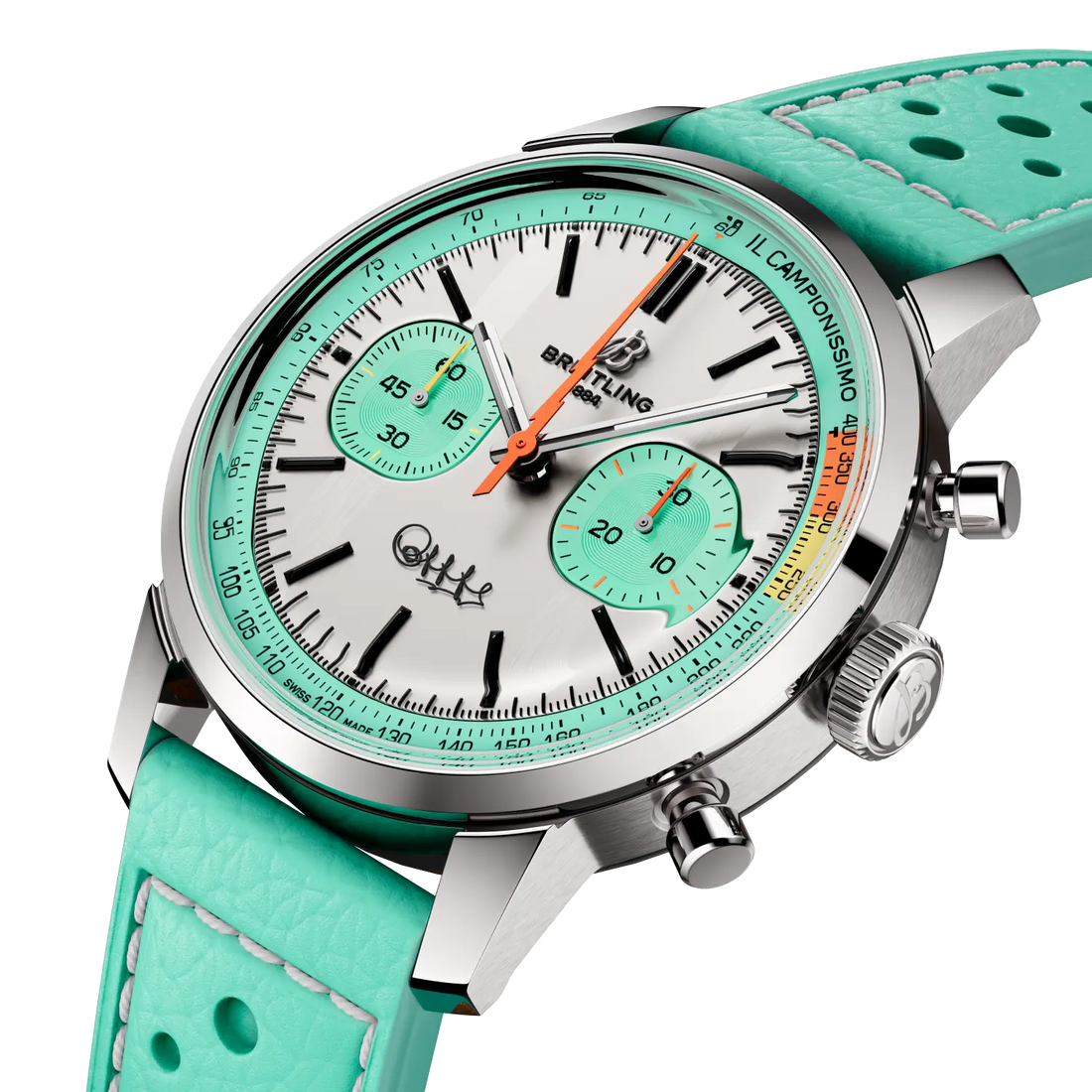 Breitling Top Time B01 Fausto Coppi reference AB01768A1A1X1 with White dial, Stainless steel case, calfskin strap, three-quarter view