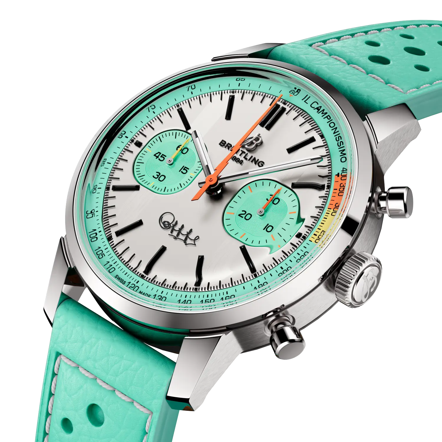 Breitling Top Time B01 Fausto Coppi reference AB01768A1A1X1 with White dial, Stainless steel case, calfskin strap, three-quarter view