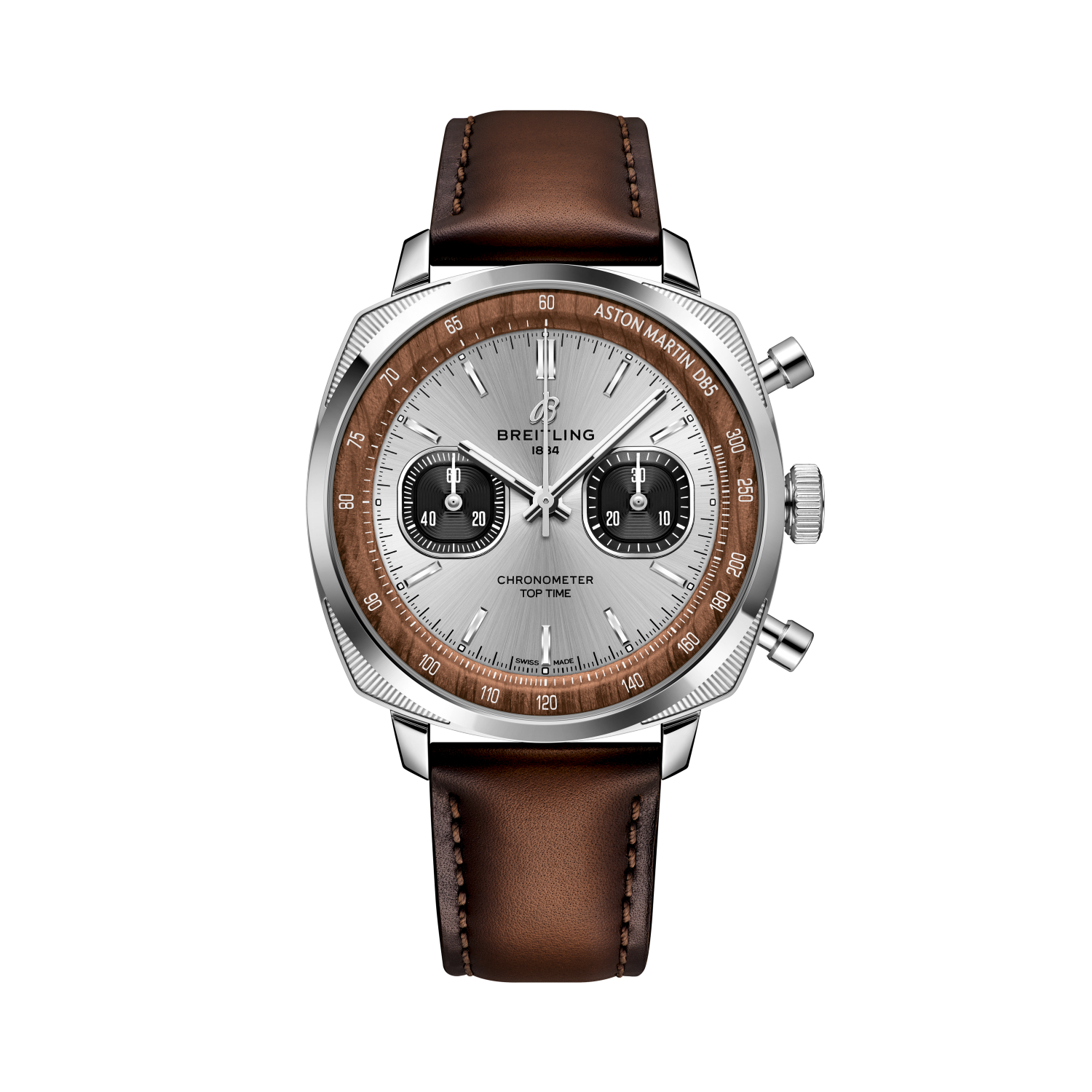 Breitling Top Time B01 Chronograph 41 Tribute to Aston Martin DB5 reference AB0178121G1X1 with Silver dial, Stainless steel case, calfskin strap, front view
