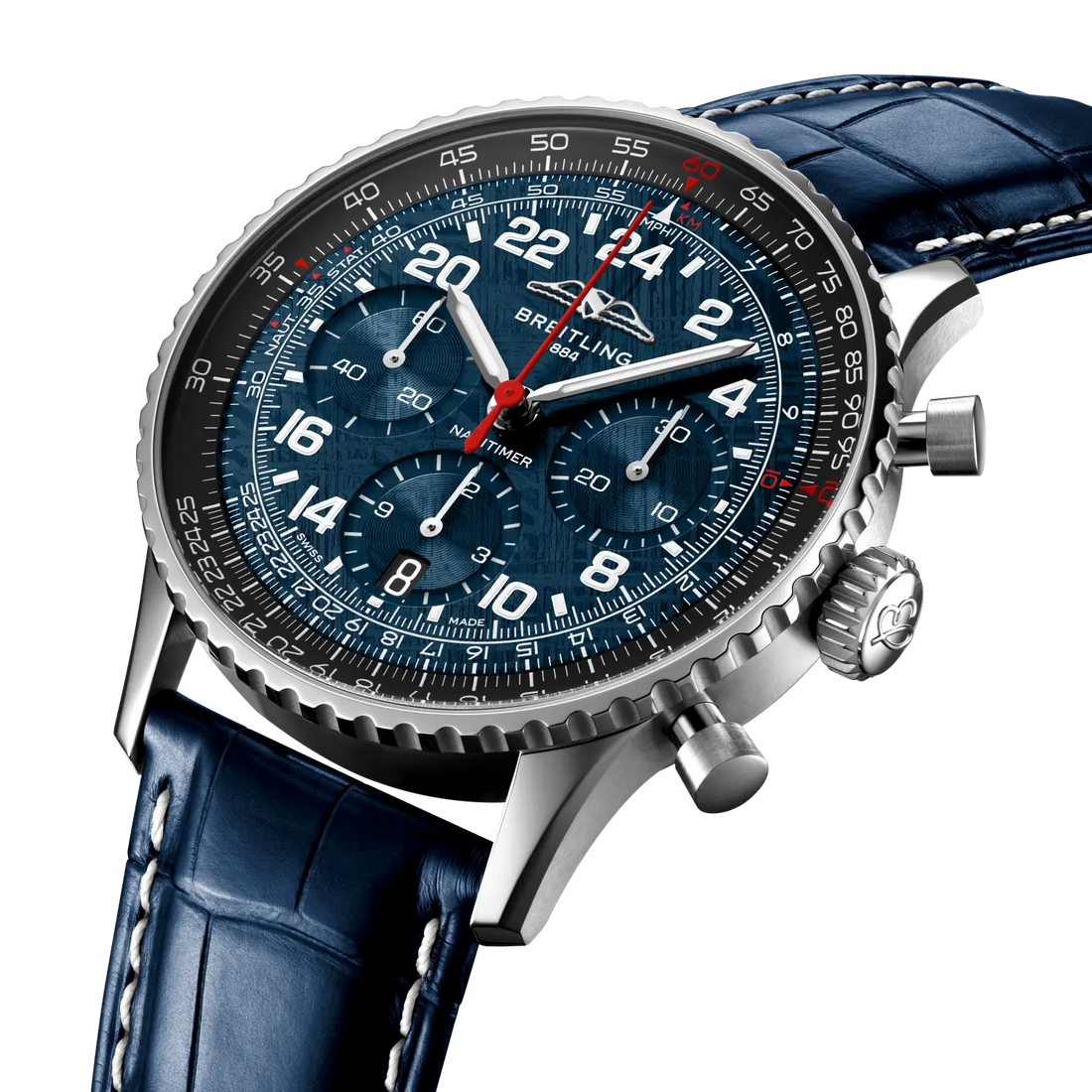 Breitling Navitimer B02 Chronograph 41 Cosmonaute ARTEMIS II reference AB02307A1C1P1 with Meteorite dial, Stainless steel case, alligator strap, three-quarter view