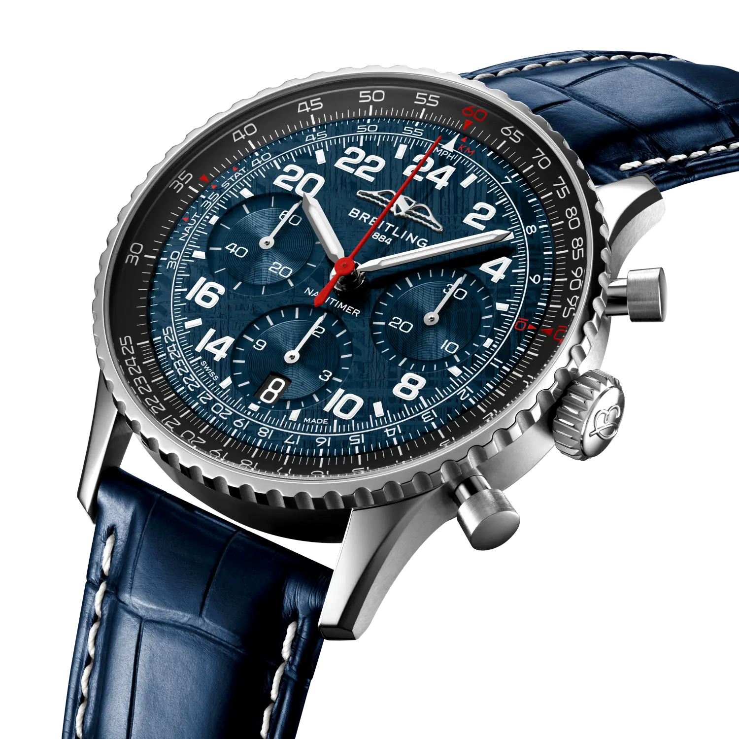 Breitling Navitimer B02 Chronograph 41 Cosmonaute ARTEMIS II reference AB02307A1C1P1 with Meteorite dial, Stainless steel case, alligator strap, three-quarter view