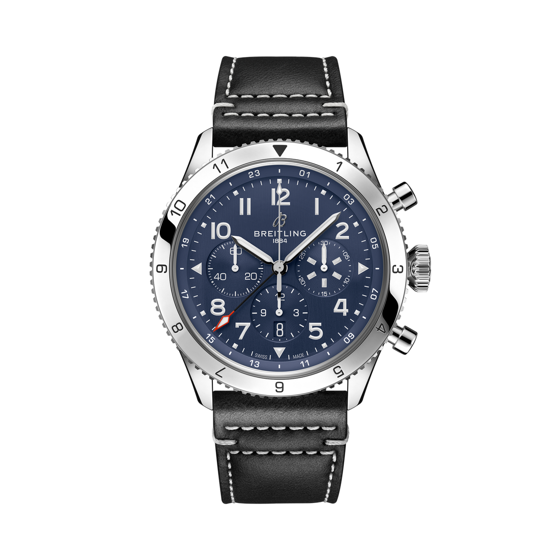 Breitling Super AVI B04 Chronograph GMT 46 Tribute to Vought F4U Corsair reference AB04451A1C1X1 with Blue dial, Stainless steel case, calfskin strap, front view