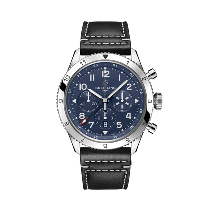 Breitling Super AVI B04 Chronograph GMT 46 Tribute to Vought F4U Corsair reference AB04451A1C1X1 with Blue dial, Stainless steel case, calfskin strap, front view