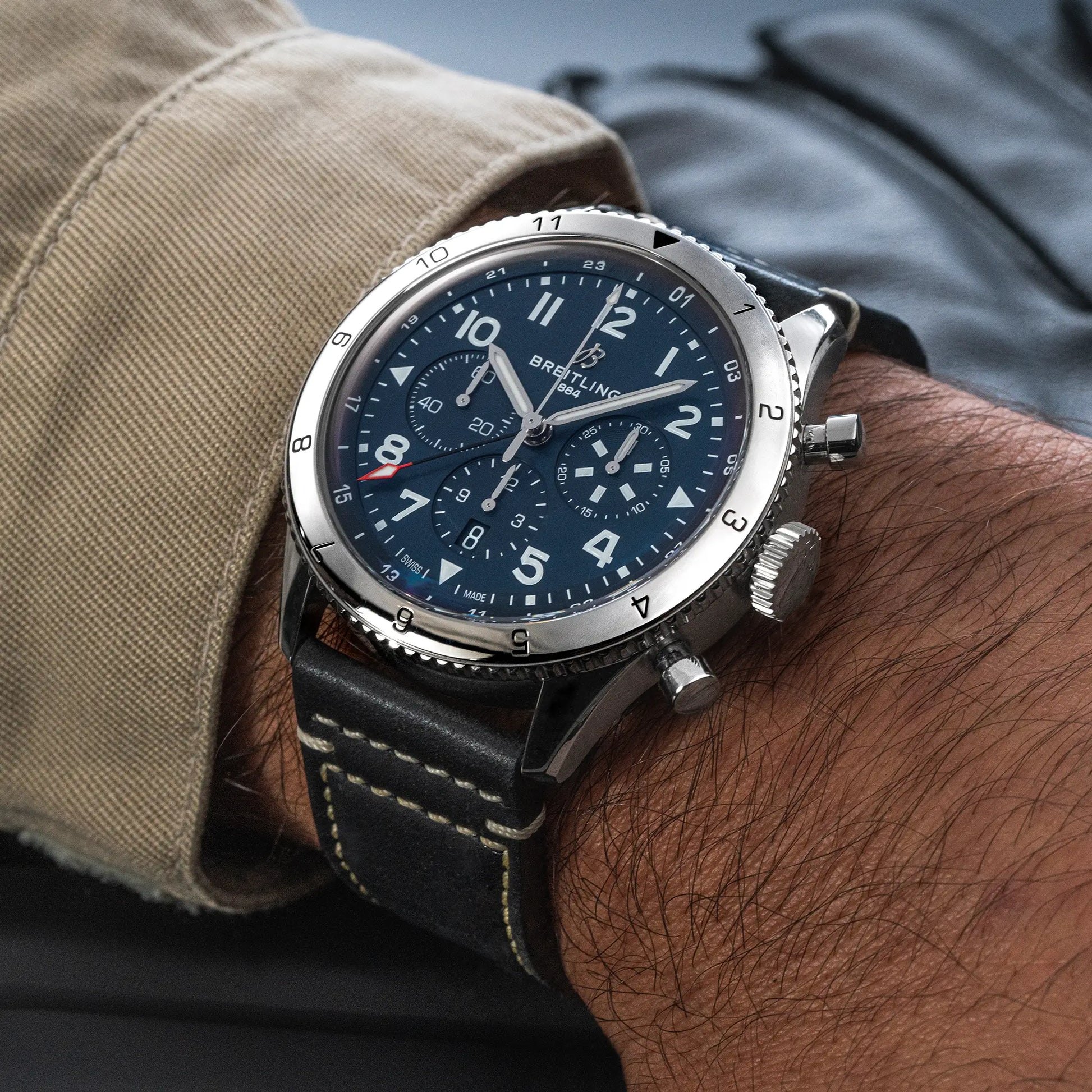 Breitling Super AVI B04 Chronograph GMT 46 Tribute to Vought F4U Corsair reference AB04451A1C1X1 with Blue dial, Stainless steel case, calfskin strap, on-wrist view