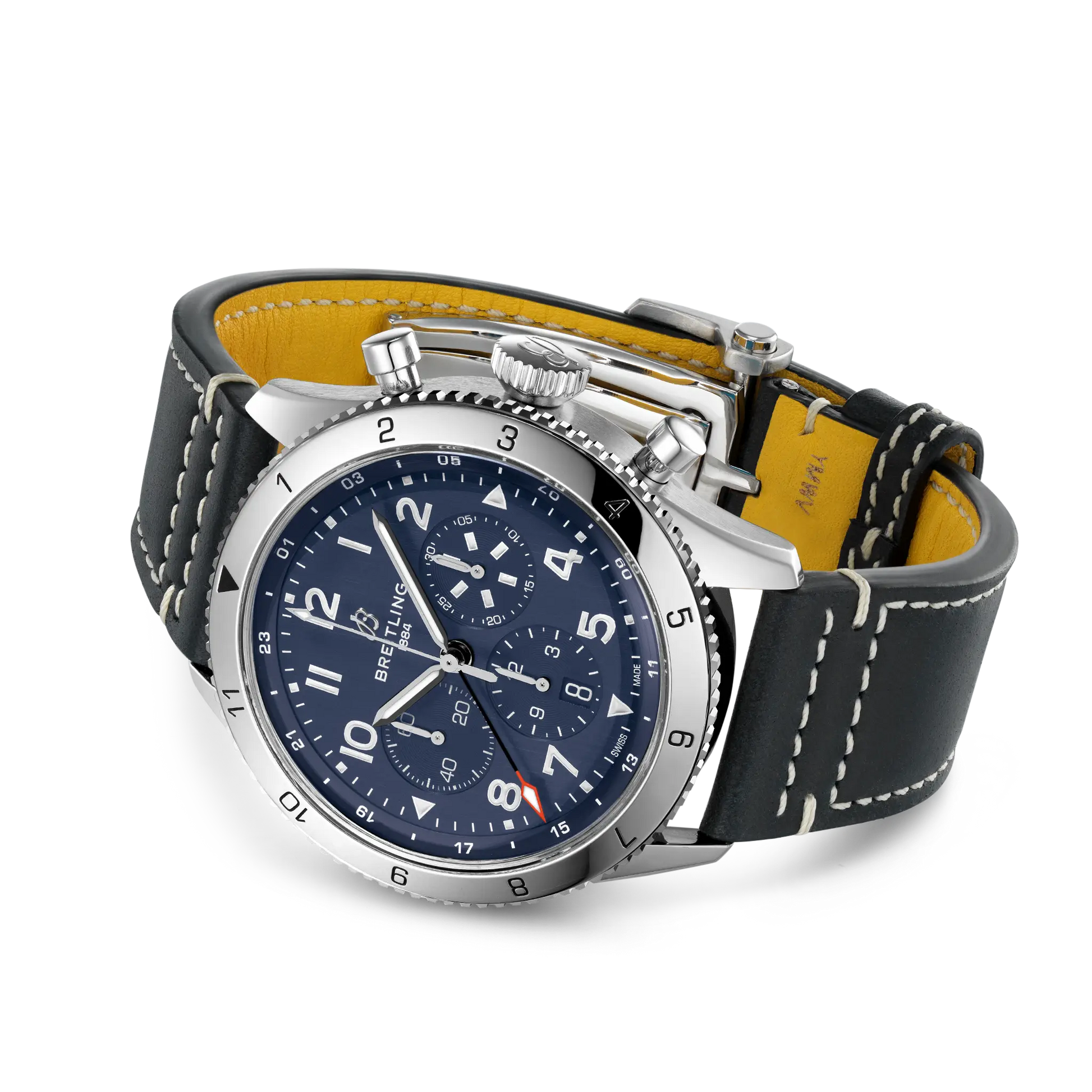 Breitling Super AVI B04 Chronograph GMT 46 Tribute to Vought F4U Corsair reference AB04451A1C1X1 with Blue dial, Stainless steel case, calfskin strap, bracelet or strap configuration view