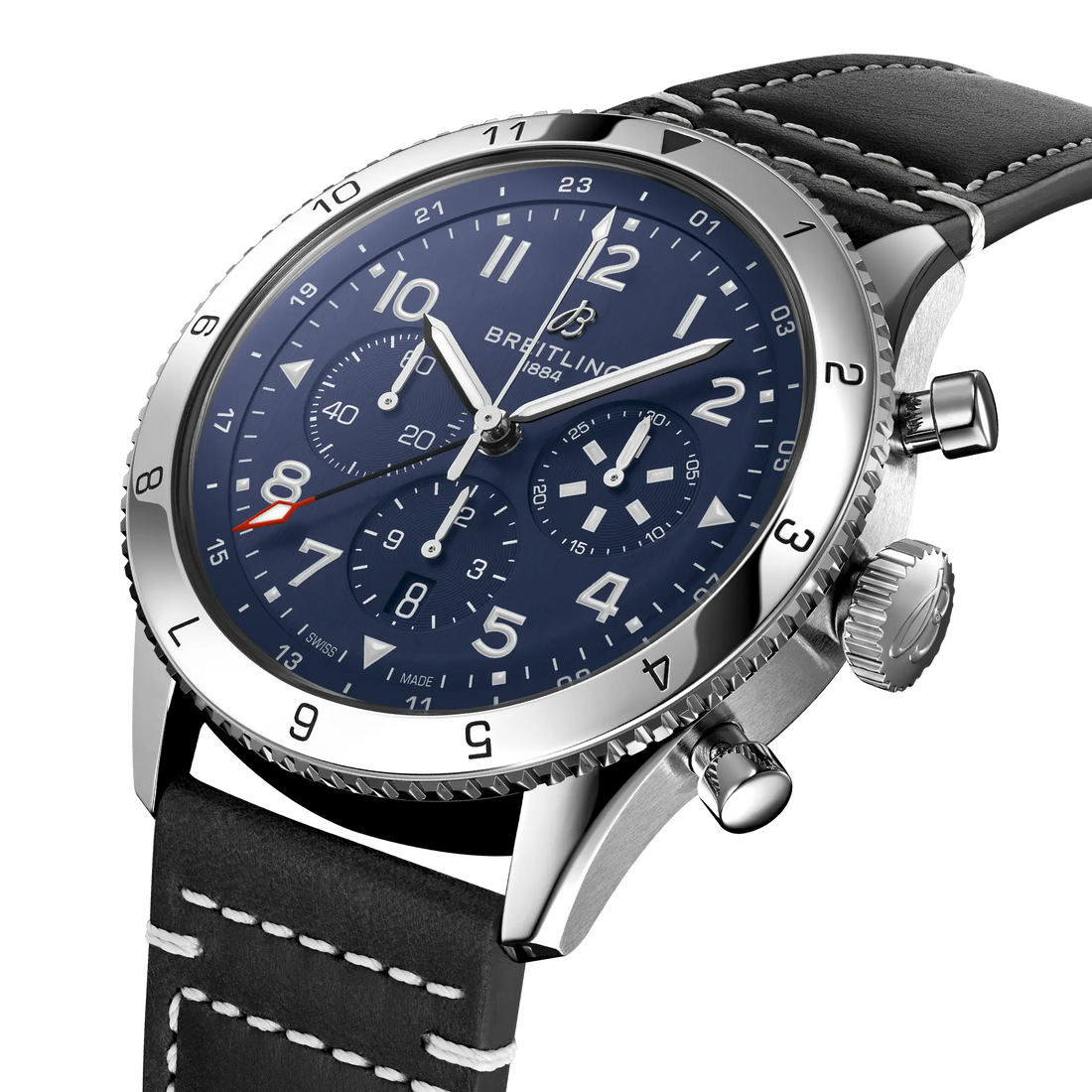 Breitling Super AVI B04 Chronograph GMT 46 Tribute to Vought F4U Corsair reference AB04451A1C1X1 with Blue dial, Stainless steel case, calfskin strap, three-quarter view