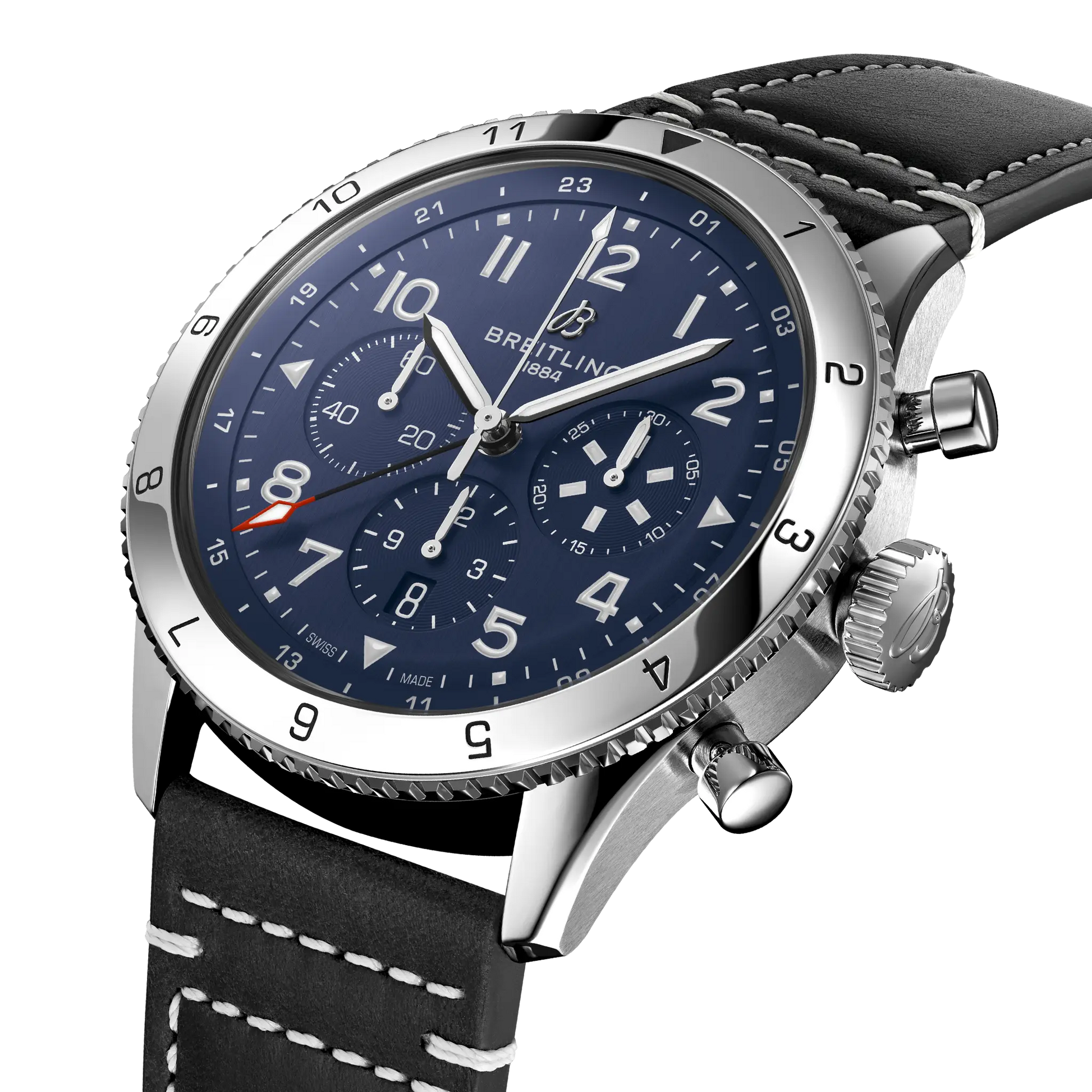 Breitling Super AVI B04 Chronograph GMT 46 Tribute to Vought F4U Corsair reference AB04451A1C1X1 with Blue dial, Stainless steel case, calfskin strap, three-quarter view
