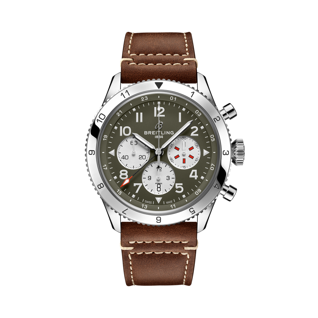 Breitling Super AVI B04 Chronograph GMT 46 Curtiss Warhawk reference AB04452A1L1X1 with Green dial, Stainless steel case, brown calfskin strap, front view