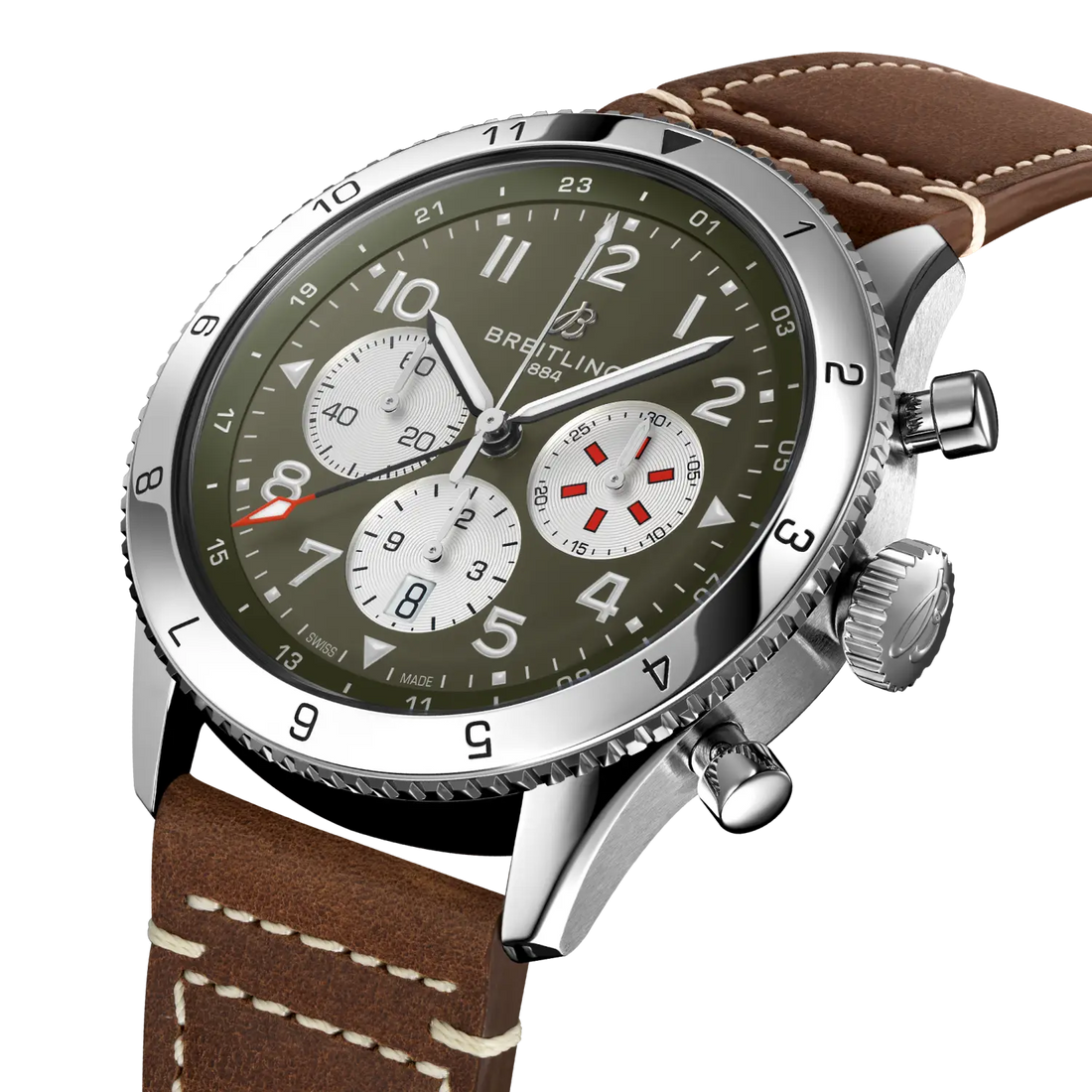 Breitling Super AVI B04 Chronograph GMT 46 Curtiss Warhawk reference AB04452A1L1X1 with Green dial, Stainless steel case, brown calfskin strap, three-quarter view