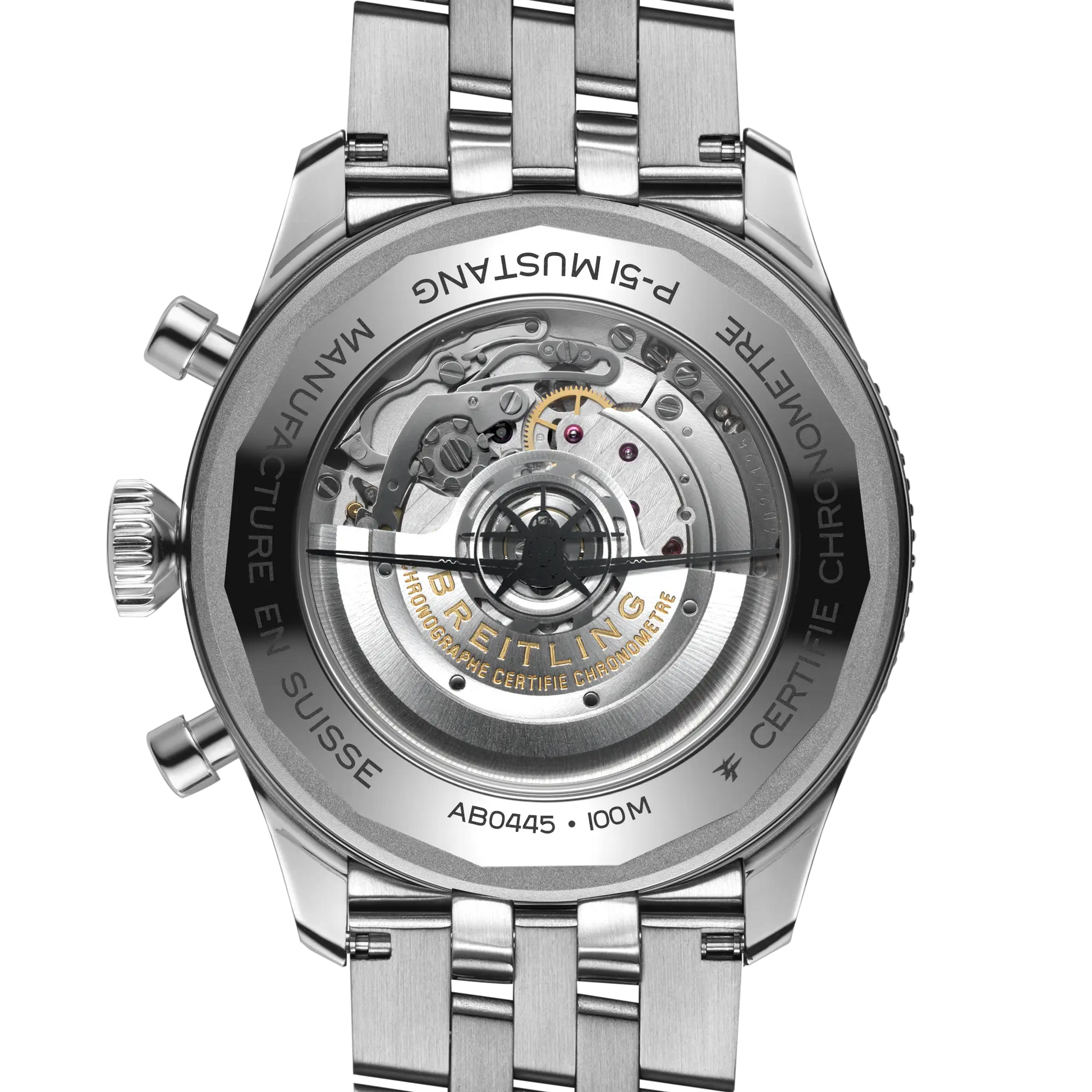 Caseback view of Breitling Super AVI B04 Chronograph GMT 46 P-51 Mustang reference AB04453A1B1A1