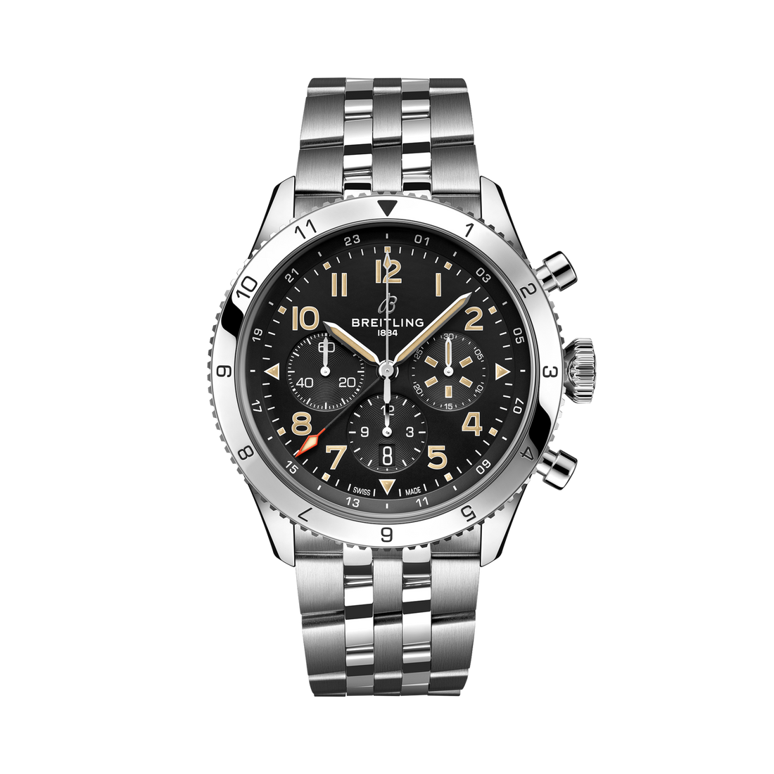 Breitling Super AVI B04 Chronograph GMT 46 P-51 Mustang reference AB04453A1B1A1 with Black dial, Stainless steel case, bracelet, front view