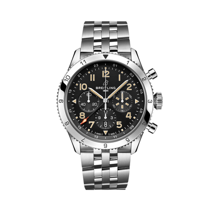 Breitling Super AVI B04 Chronograph GMT 46 P-51 Mustang reference AB04453A1B1A1 with Black dial, Stainless steel case, bracelet, front view