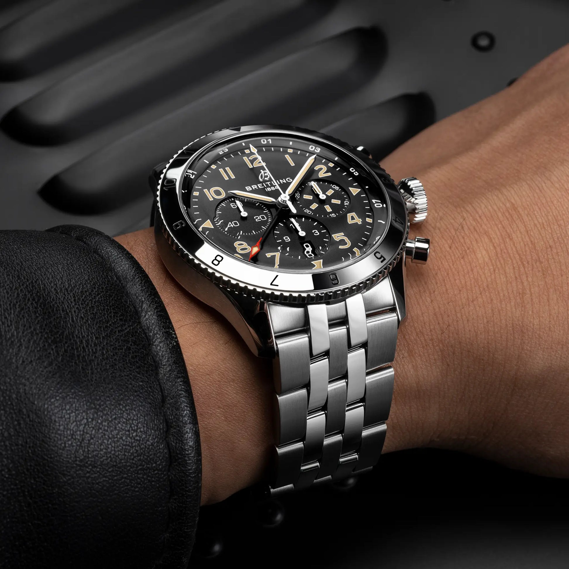Breitling Super AVI B04 Chronograph GMT 46 P-51 Mustang reference AB04453A1B1A1 with Black dial, Stainless steel case, bracelet, on-wrist view