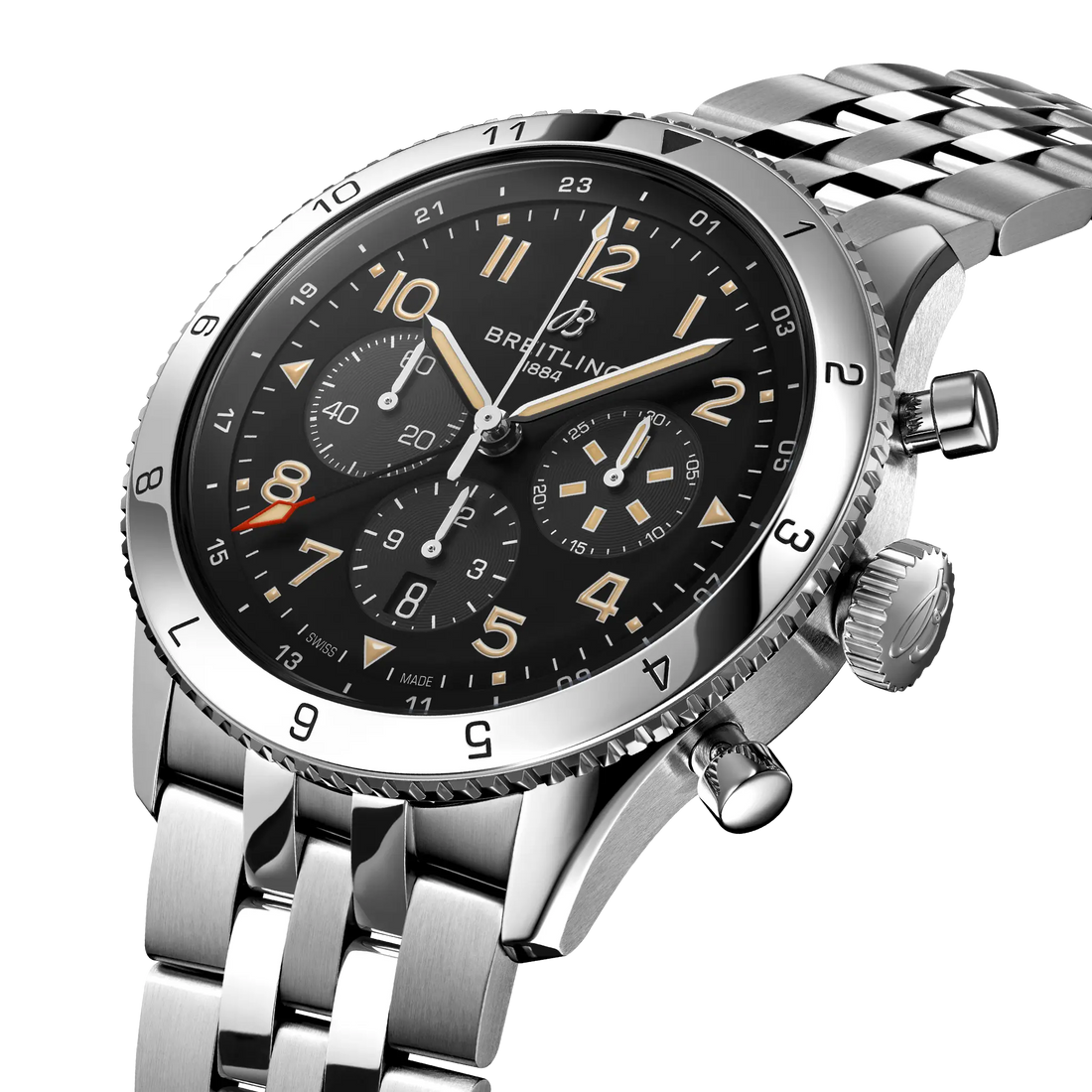 Breitling Super AVI B04 Chronograph GMT 46 P-51 Mustang reference AB04453A1B1A1 with Black dial, Stainless steel case, bracelet, three-quarter view