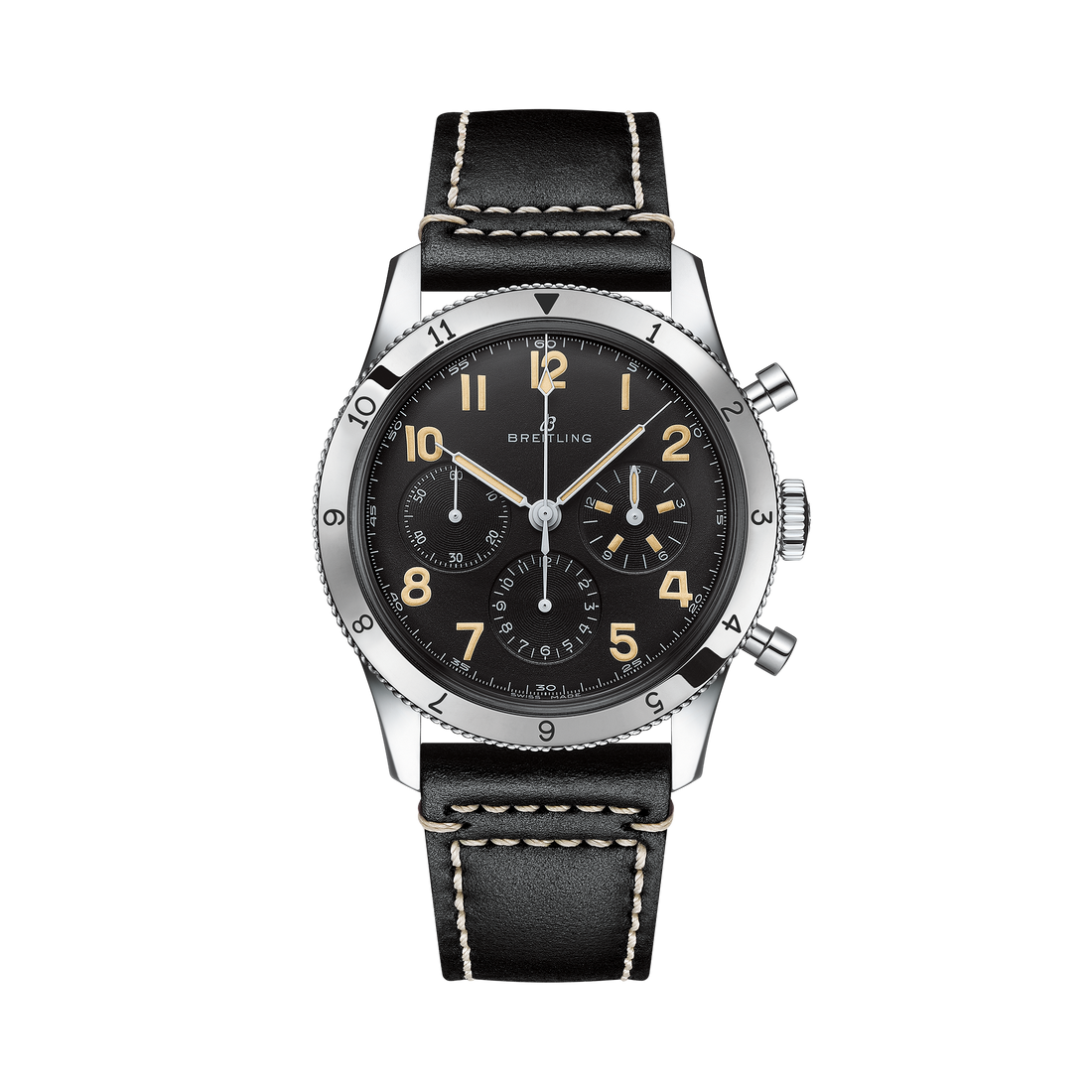 Breitling AVI Ref. 765 1953 Re-Edition reference AB0920131B1X1 with Black dial, Stainless steel case, black calfskin strap, front view