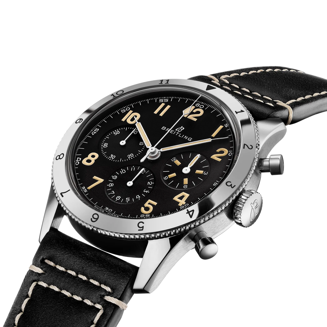 Breitling AVI Ref. 765 1953 Re-Edition reference AB0920131B1X1 with Black dial, Stainless steel case, black calfskin strap, three-quarter view