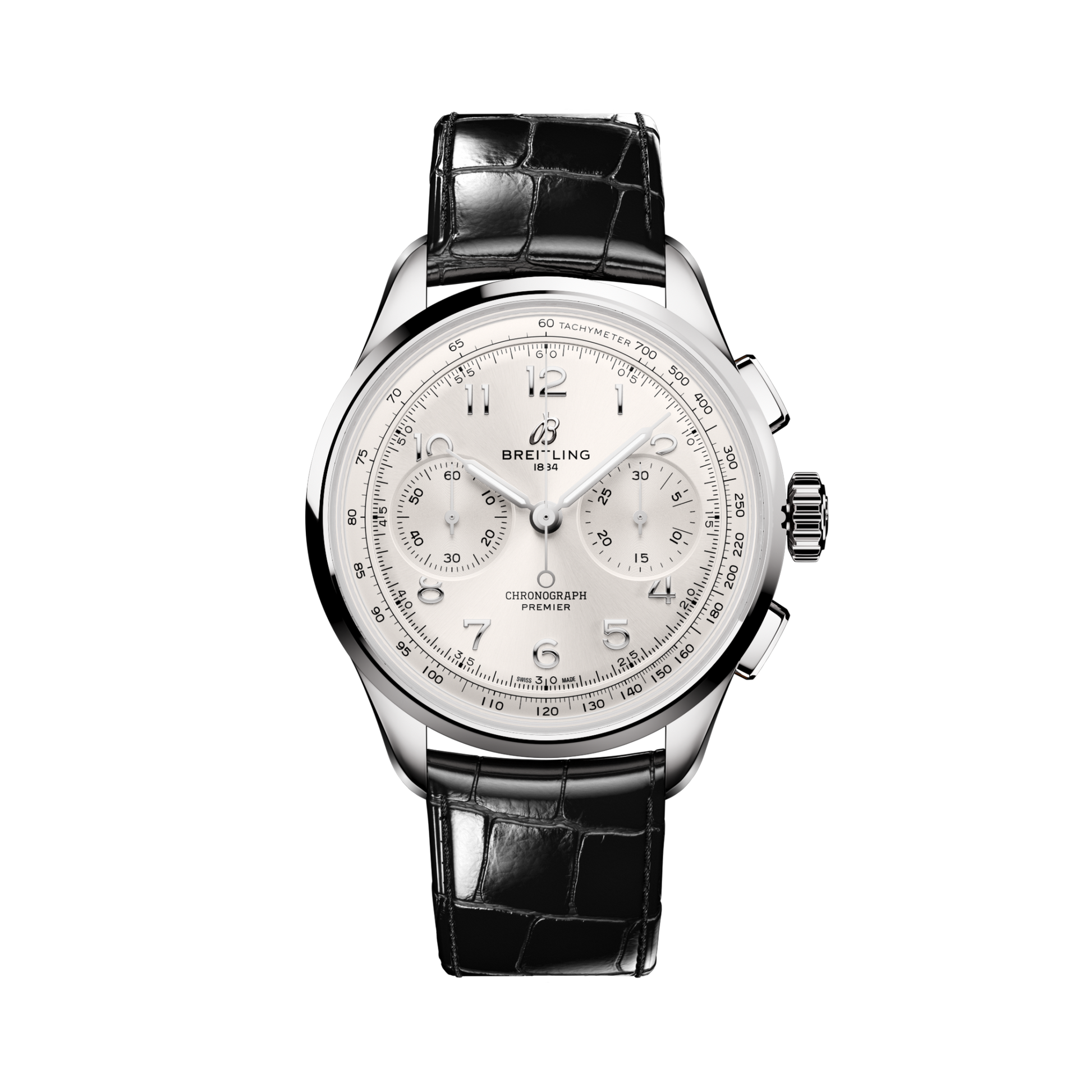 Breitling Premier B09 Chronograph 40 reference AB0930371G1P1 with Silver dial, Stainless steel case, alligator strap, front view