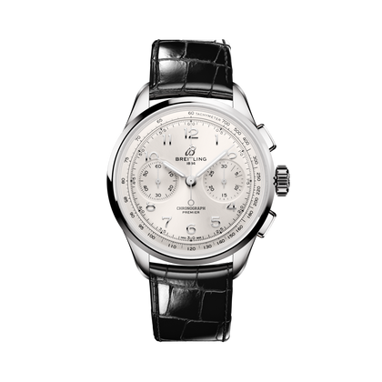 Breitling Premier B09 Chronograph 40 reference AB0930371G1P1 with Silver dial, Stainless steel case, alligator strap, front view