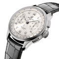 Breitling Premier B09 Chronograph 40 reference AB0930371G1P1 with Silver dial, Stainless steel case, alligator strap, three-quarter view