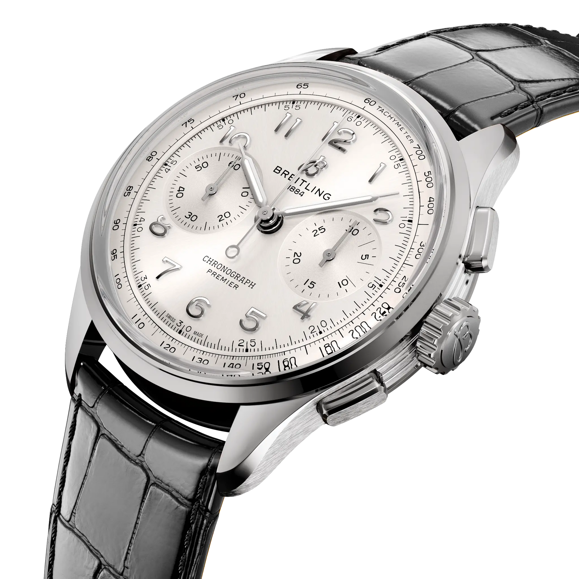 Breitling Premier B09 Chronograph 40 reference AB0930371G1P1 with Silver dial, Stainless steel case, alligator strap, three-quarter view
