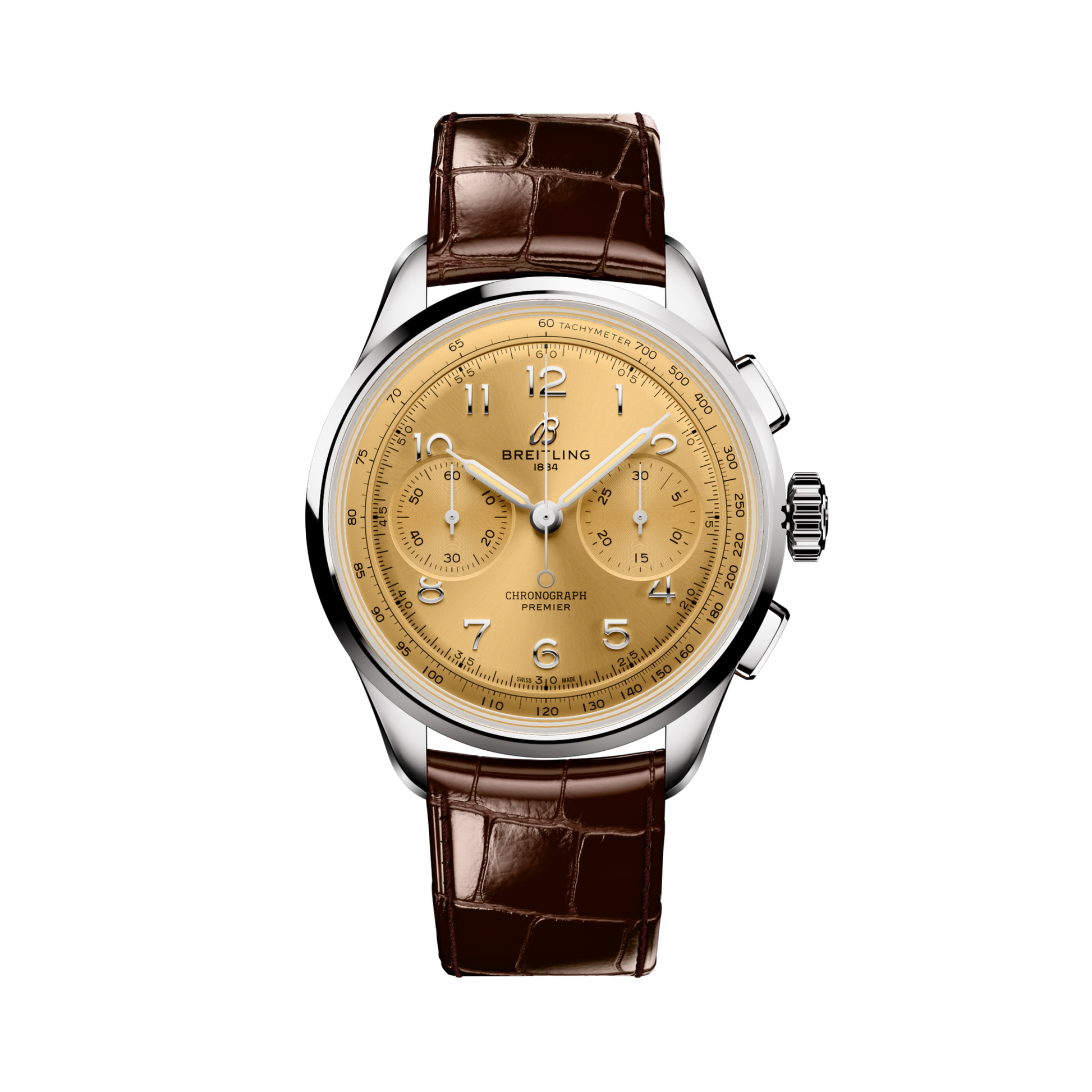 Breitling Premier B09 Chronograph 40 reference AB0930F51H1P1 with Champagne dial, Stainless steel case, alligator strap, front view