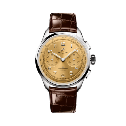 Breitling Premier B09 Chronograph 40 reference AB0930F51H1P1 with Champagne dial, Stainless steel case, alligator strap, front view