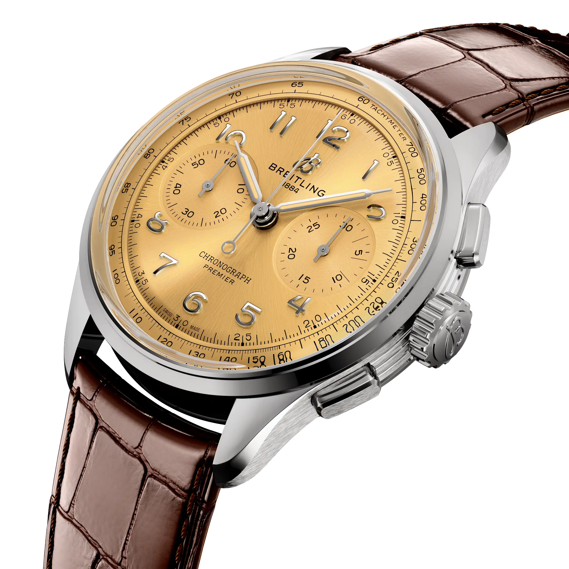 Breitling Premier B09 Chronograph 40 reference AB0930F51H1P1 with Champagne dial, Stainless steel case, alligator strap, three-quarter view