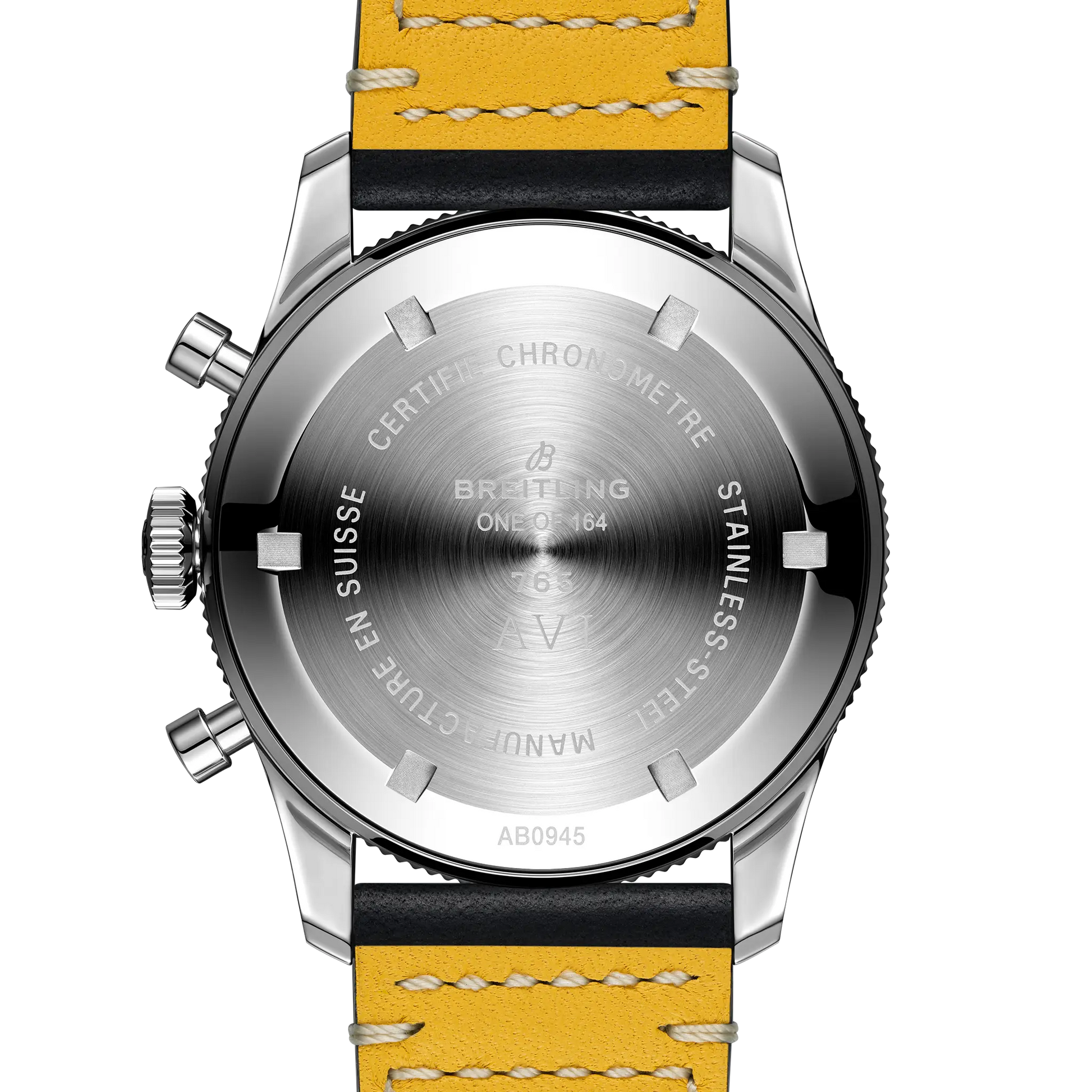 Caseback view of Breitling AVI Ref. 765 1964 Re-Edition reference AB09451A1B1X1