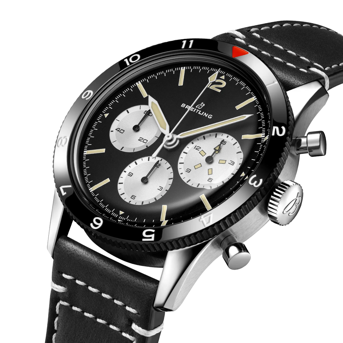 Breitling AVI Ref. 765 1964 Re-Edition reference AB09451A1B1X1 with Black dial, Stainless steel case, calfskin strap, three-quarter view