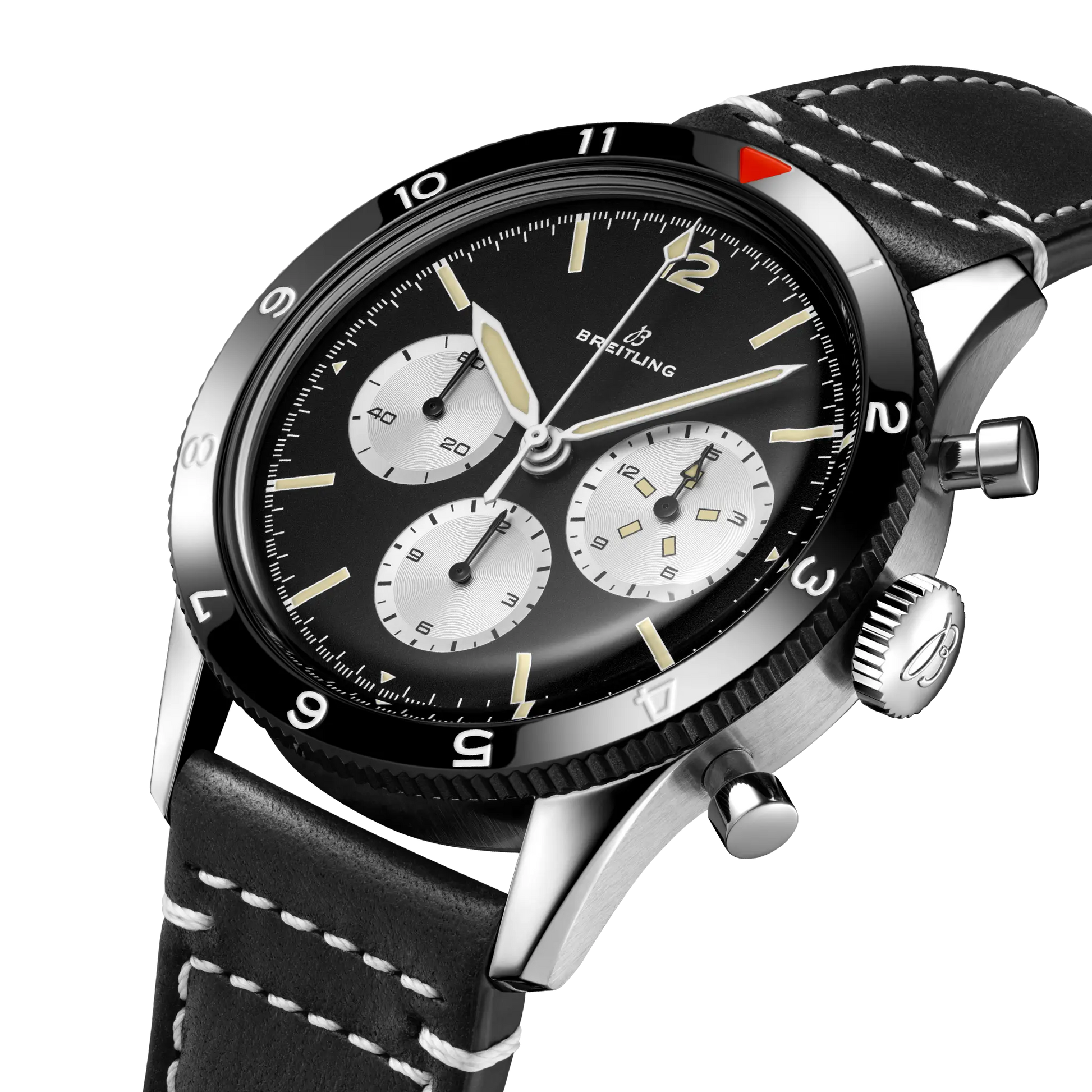 Breitling AVI Ref. 765 1964 Re-Edition reference AB09451A1B1X1 with Black dial, Stainless steel case, calfskin strap, three-quarter view