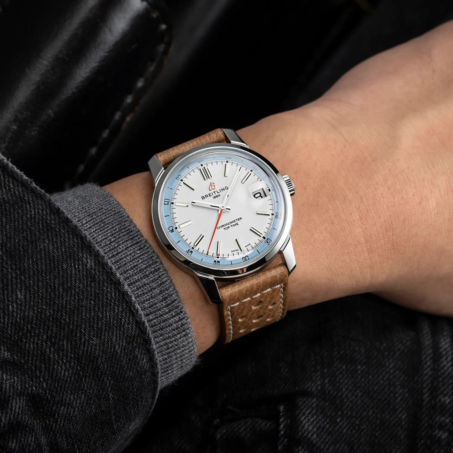 Breitling Top Time B31 reference AB3113281A1X1 with Cream dial, Stainless steel case, calfskin strap, on-wrist view