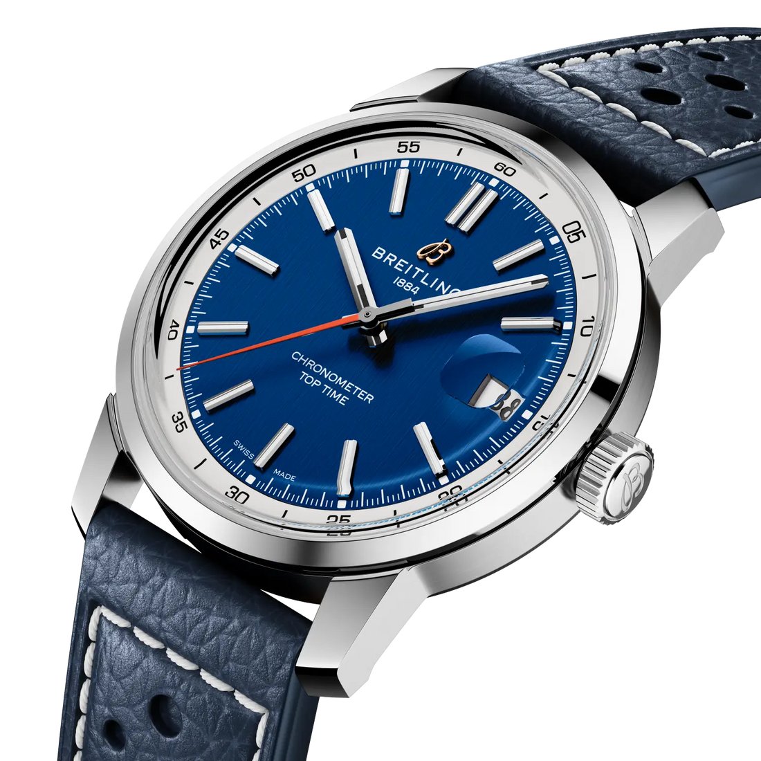 Breitling Top Time B31 reference AB3113A71C2X1 with Blue dial, Stainless steel case, calfskin strap, three-quarter view