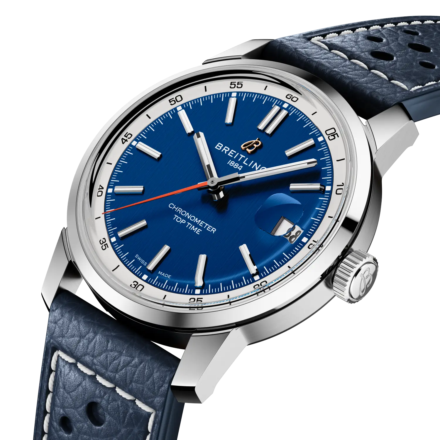 Breitling Top Time B31 reference AB3113A71C2X1 with Blue dial, Stainless steel case, calfskin strap, three-quarter view