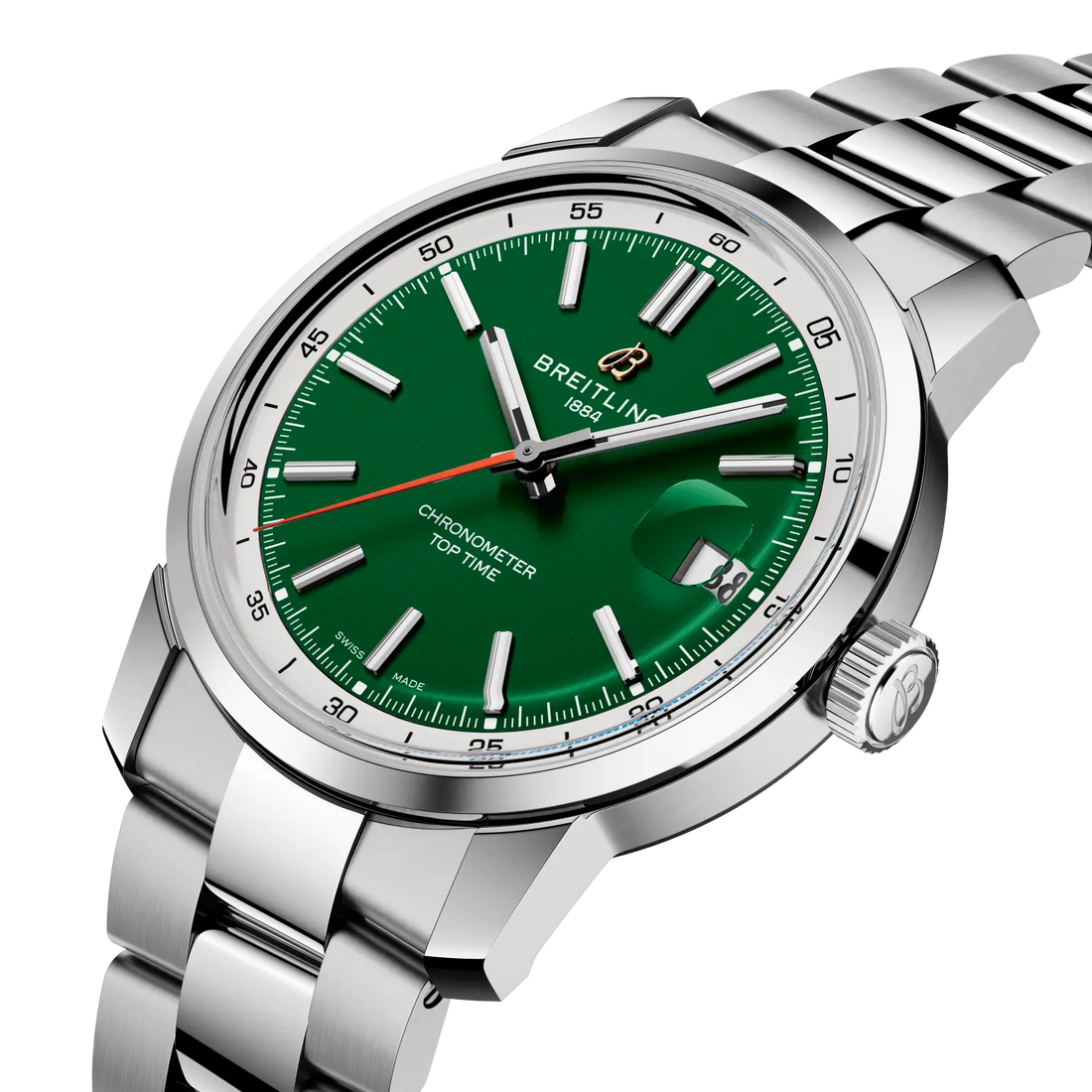 Breitling Top Time B31 reference AB3113A71L1A1 with Green dial, Stainless steel case, bracelet, three-quarter view