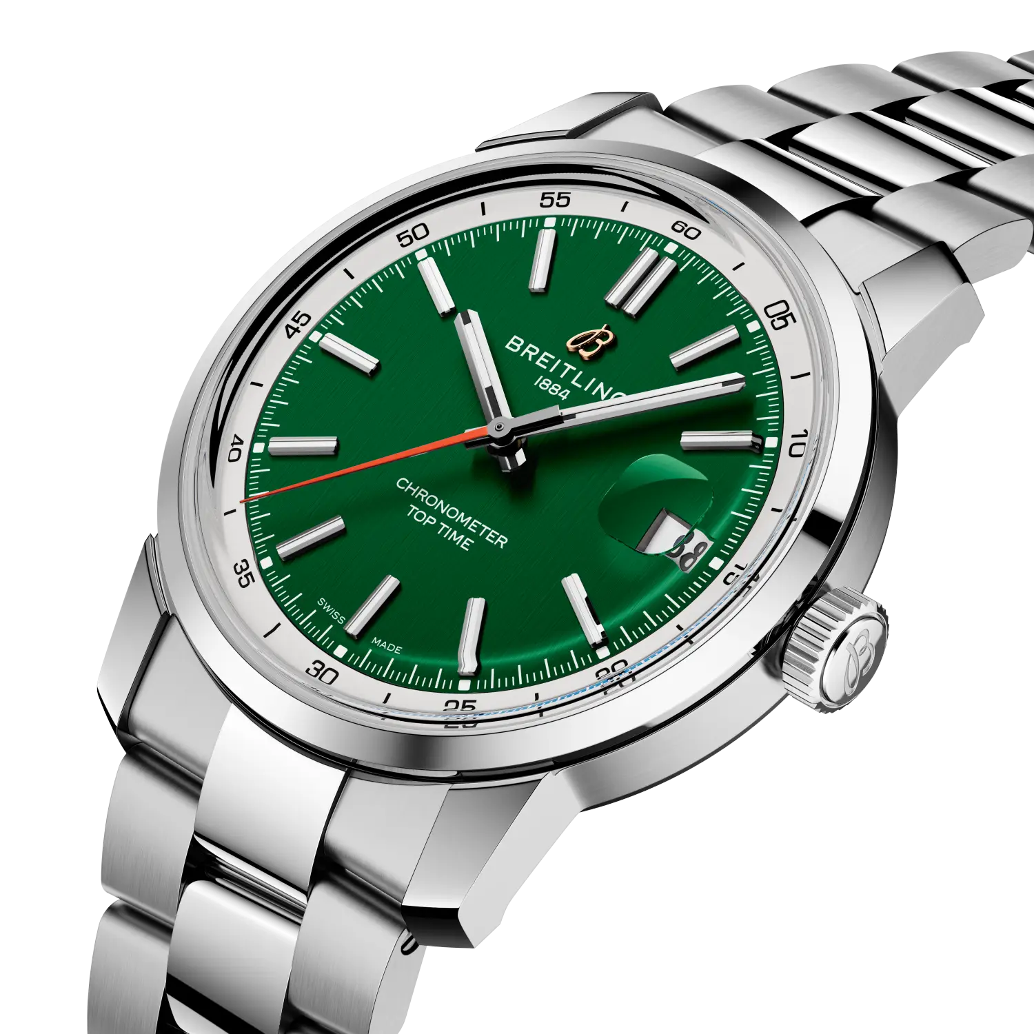 Breitling Top Time B31 reference AB3113A71L1A1 with Green dial, Stainless steel case, bracelet, three-quarter view