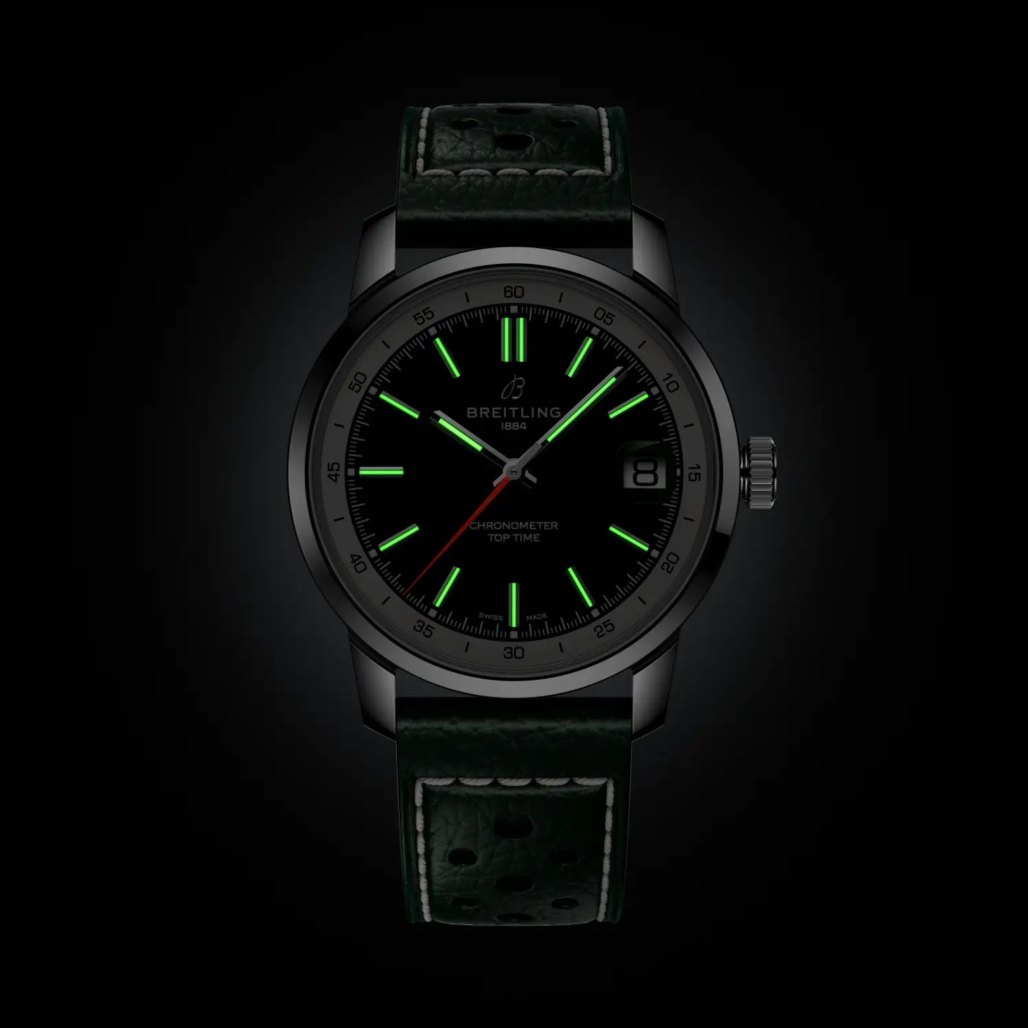 Breitling Top Time B31 reference AB3113A71L1X1 with Green dial, Stainless steel case, calfskin strap, illuminated dial view