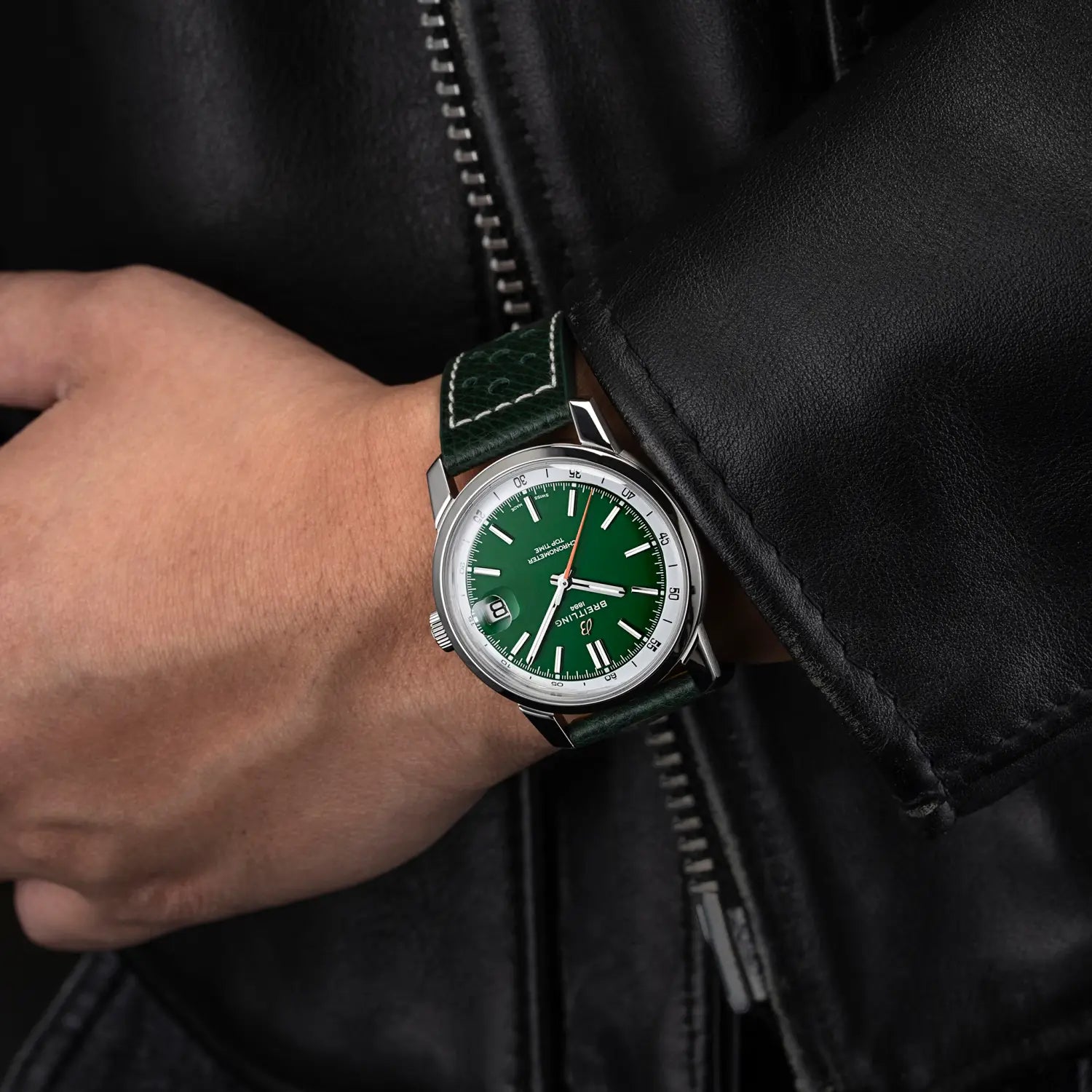 Breitling Top Time B31 reference AB3113A71L1X1 with Green dial, Stainless steel case, calfskin strap, on-wrist view