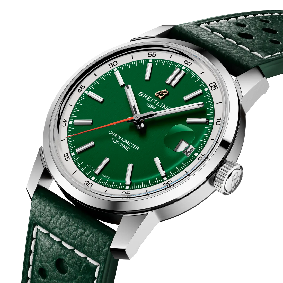 Breitling Top Time B31 reference AB3113A71L1X1 with Green dial, Stainless steel case, calfskin strap, three-quarter view