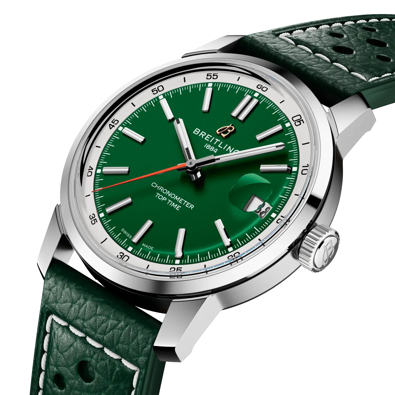 Breitling Top Time B31 reference AB3113A71L1X1 with Green dial, Stainless steel case, calfskin strap, three-quarter view
