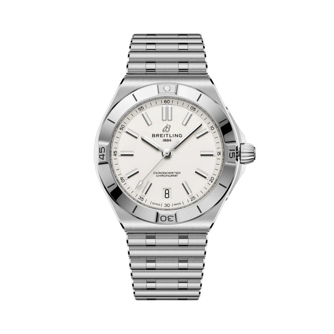 Breitling Chronomat B31 Automatic 40 reference AB3114101A1A1 with White dial, Stainless steel case, bracelet, front view
