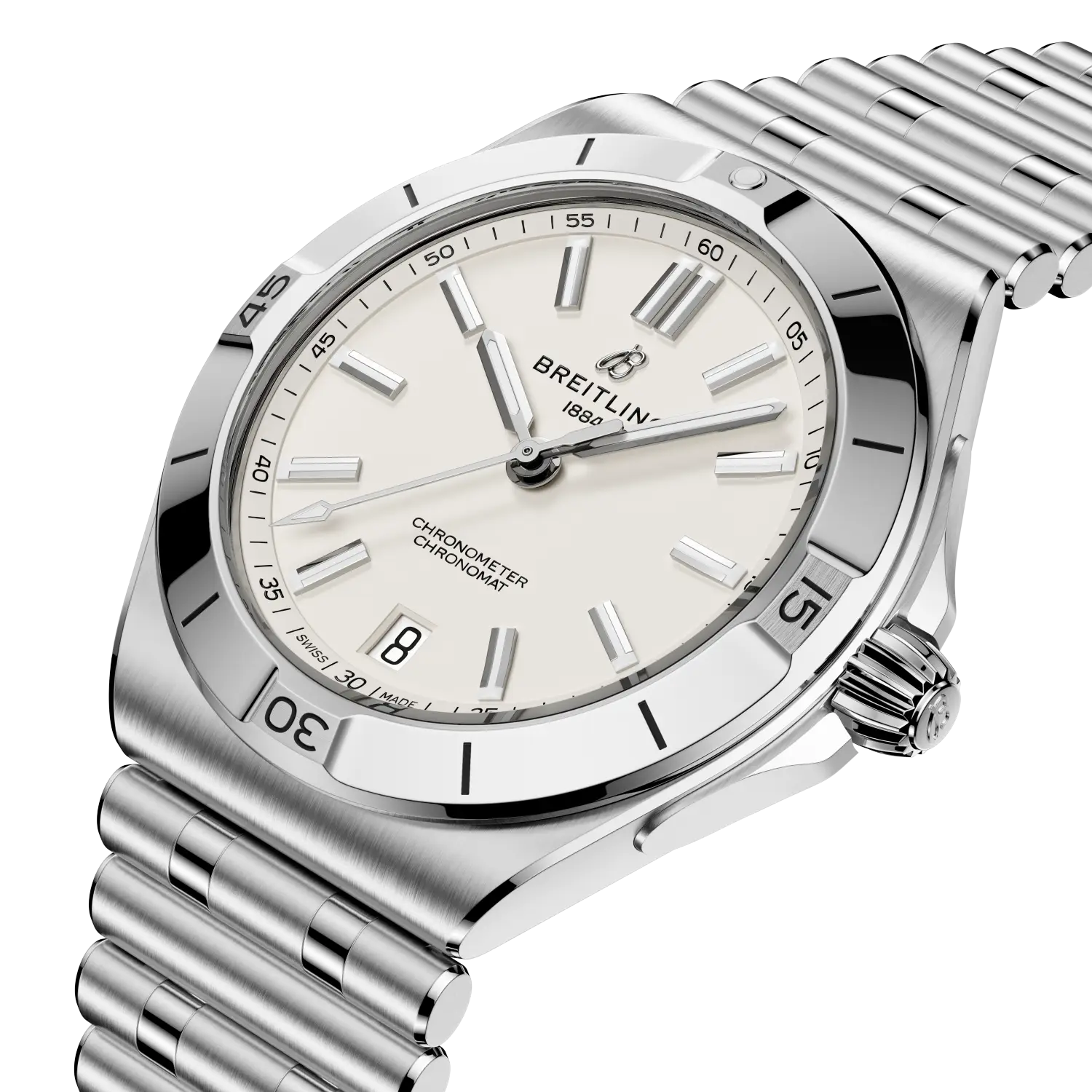 Breitling Chronomat B31 Automatic 40 reference AB3114101A1A1 with White dial, Stainless steel case, bracelet, three-quarter view