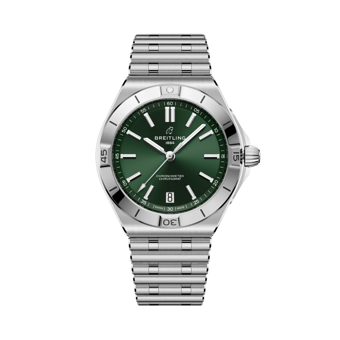 Breitling Chronomat B31 Automatic 40 reference AB3114101L1A1 with Green dial, Stainless steel case, bracelet, front view